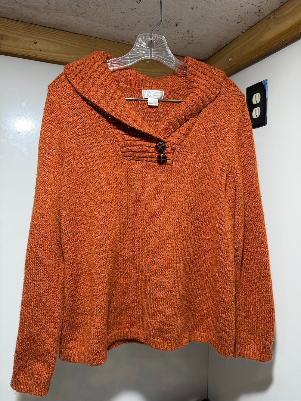 Christopher & Banks Orange Shawl-Collar Sweater with Button Trim Retro Autumn